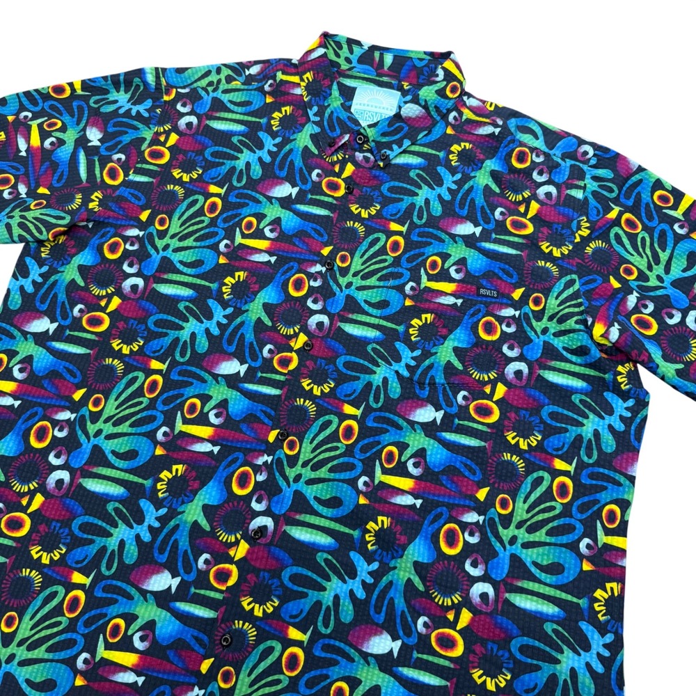 RSVLTS Button Down Shirt Mens 3XL Multicolor Seersucker Abstract Fish Short Slev